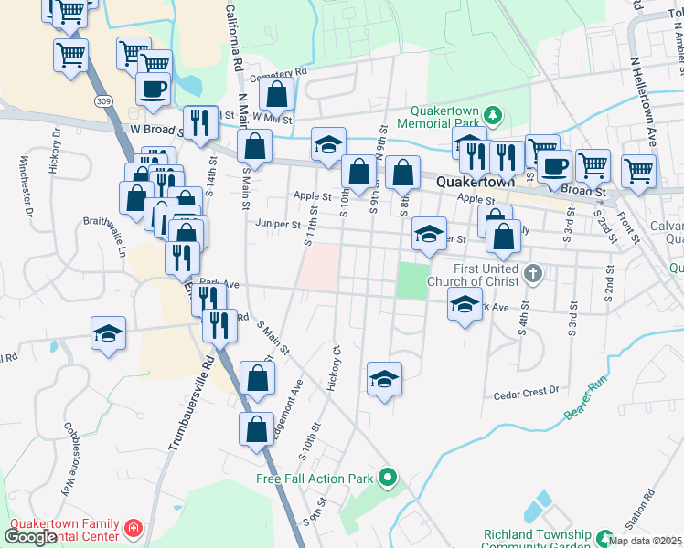 map of restaurants, bars, coffee shops, grocery stores, and more near 137 South 10th Street in Quakertown