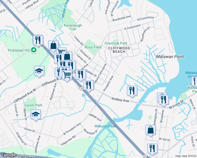 map of restaurants, bars, coffee shops, grocery stores, and more near 675 Shore Concourse in Keyport