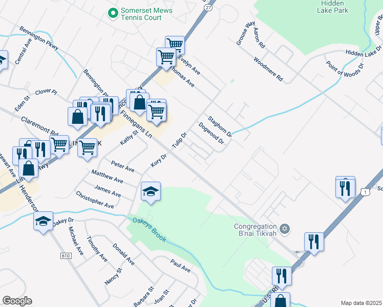 map of restaurants, bars, coffee shops, grocery stores, and more near 48 Aspen Drive in North Brunswick Township