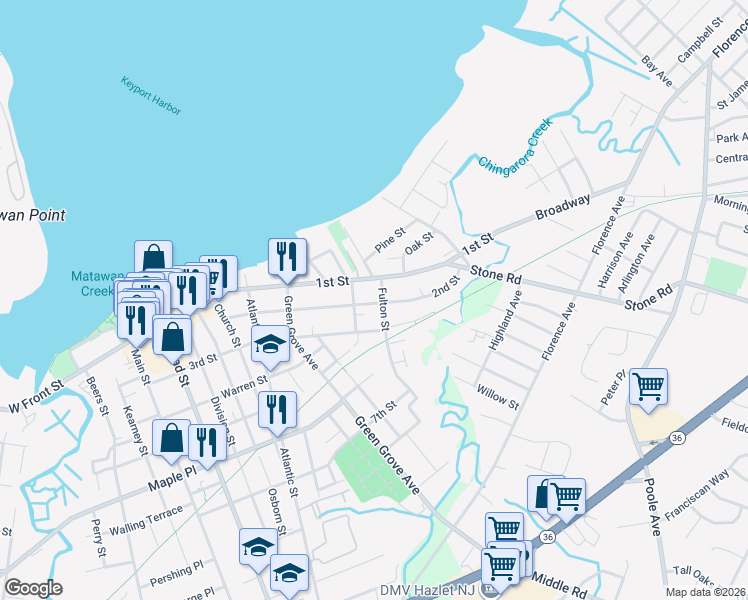 map of restaurants, bars, coffee shops, grocery stores, and more near 163 2nd Street in Keyport