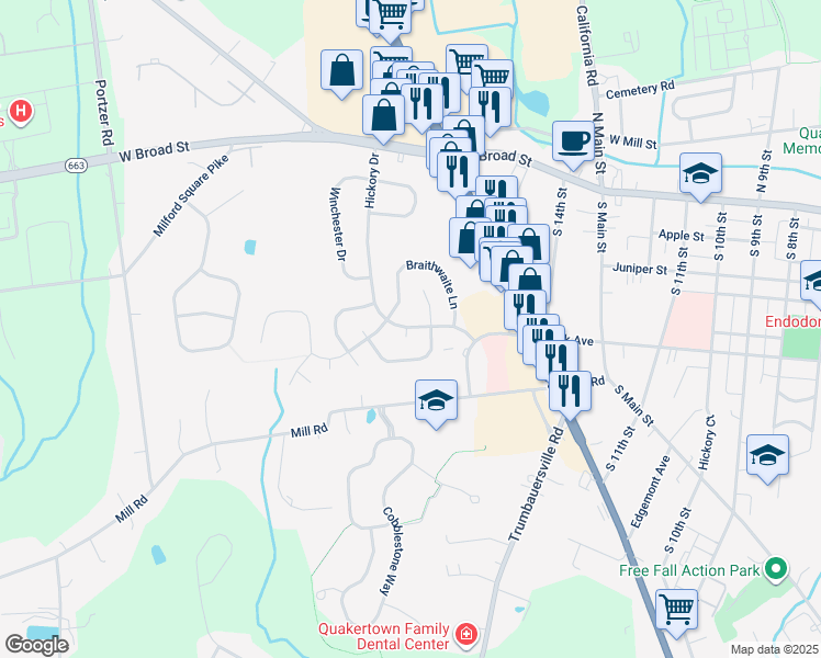 map of restaurants, bars, coffee shops, grocery stores, and more near 3 Whittier Court in Quakertown