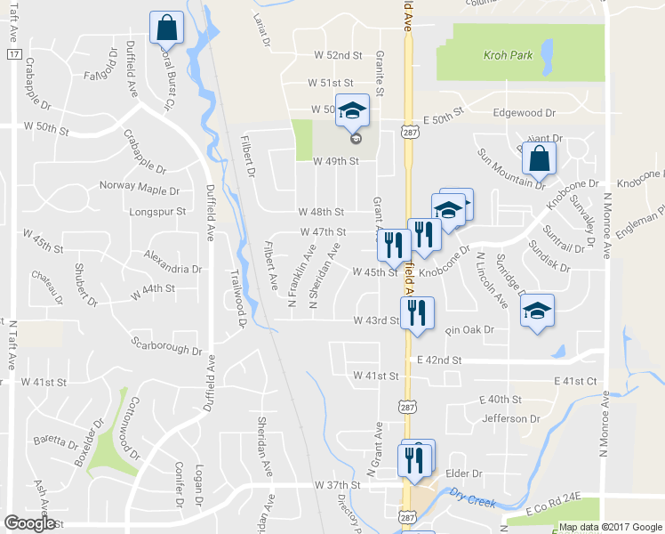 map of restaurants, bars, coffee shops, grocery stores, and more near 4456 Sheridan Avenue in Loveland