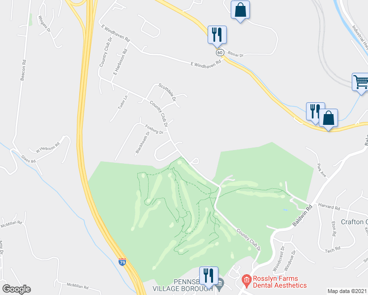 map of restaurants, bars, coffee shops, grocery stores, and more near 2500 Country Club Drive in Pittsburgh