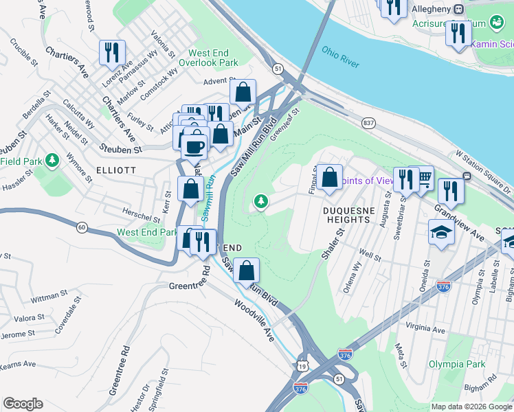 map of restaurants, bars, coffee shops, grocery stores, and more near 1876 Greenleaf Street in Pittsburgh