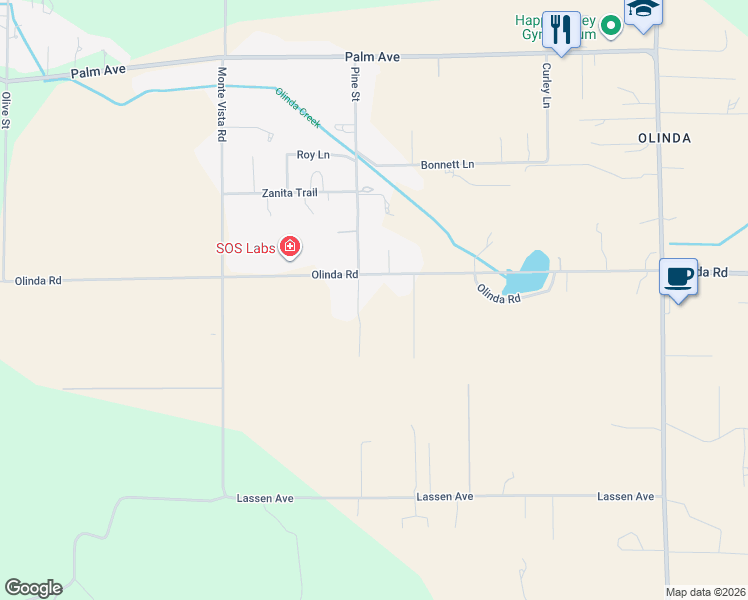 map of restaurants, bars, coffee shops, grocery stores, and more near 17173 Olinda Rd in Anderson