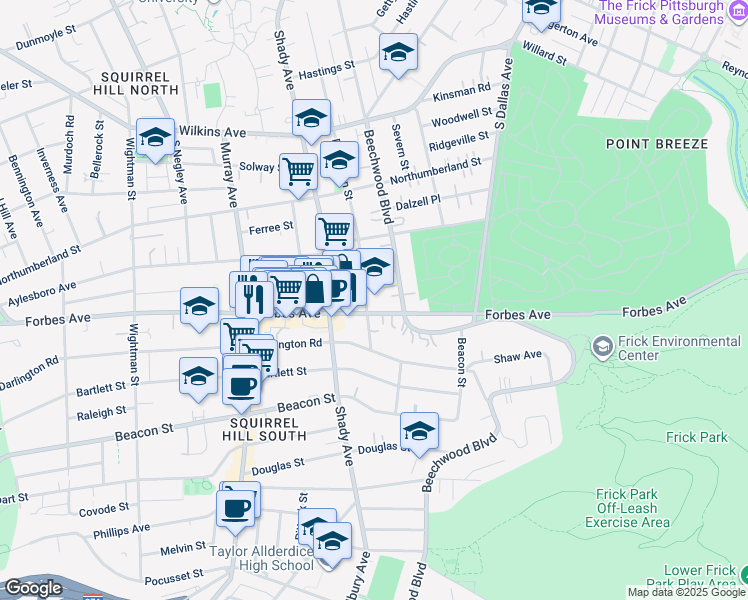 map of restaurants, bars, coffee shops, grocery stores, and more near 6401 Forbes Avenue in Pittsburgh