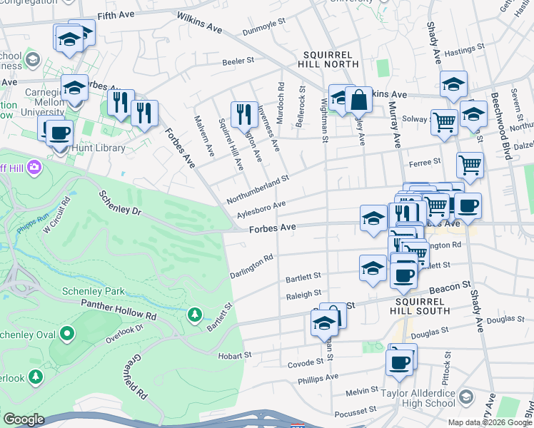 map of restaurants, bars, coffee shops, grocery stores, and more near 5446 Aylesboro Avenue in Pittsburgh