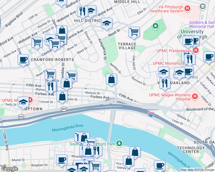 map of restaurants, bars, coffee shops, grocery stores, and more near 114 Moultrie St in Pittsburgh