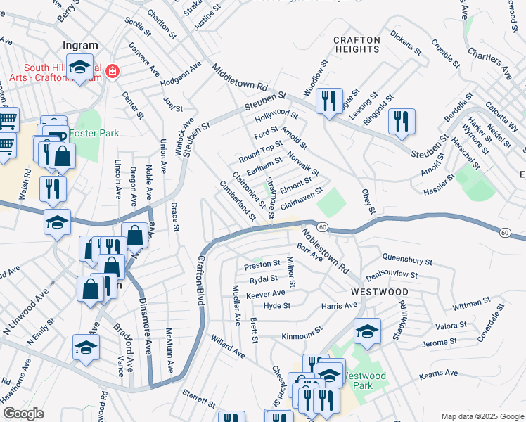 map of restaurants, bars, coffee shops, grocery stores, and more near 107 Clairtonica Street in Pittsburgh