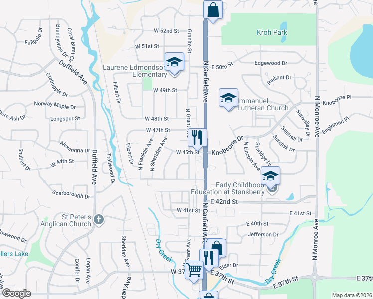 map of restaurants, bars, coffee shops, grocery stores, and more near 309 West 45th Street in Loveland
