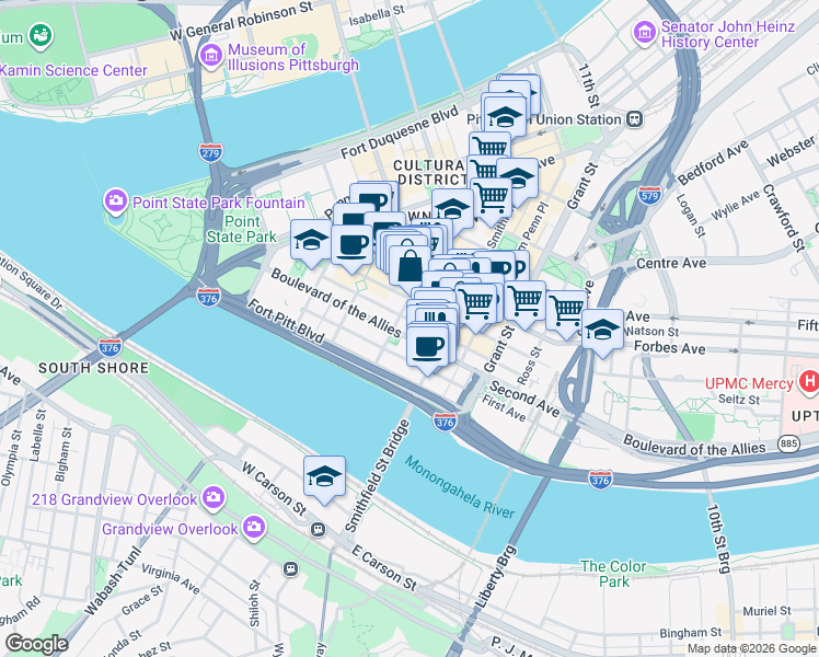 map of restaurants, bars, coffee shops, grocery stores, and more near 201 Wood Street in Allegheny