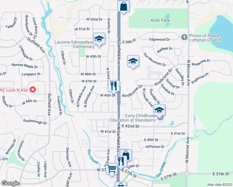 map of restaurants, bars, coffee shops, grocery stores, and more near 115 West 45th Street in Loveland