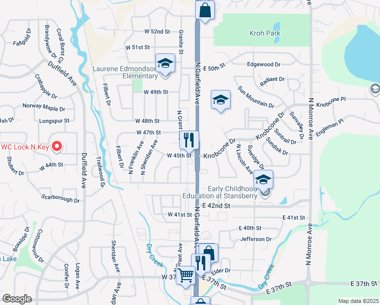 map of restaurants, bars, coffee shops, grocery stores, and more near 115 West 45th Street in Loveland