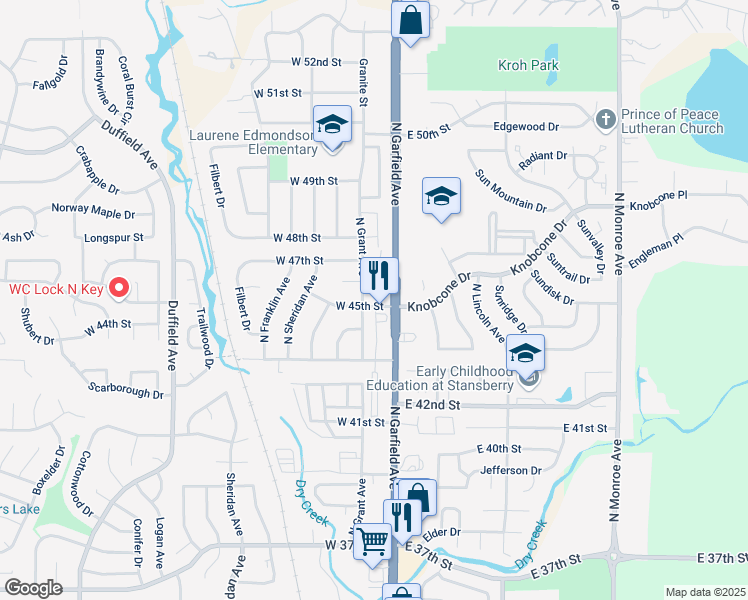 map of restaurants, bars, coffee shops, grocery stores, and more near 115 West 45th Street in Loveland