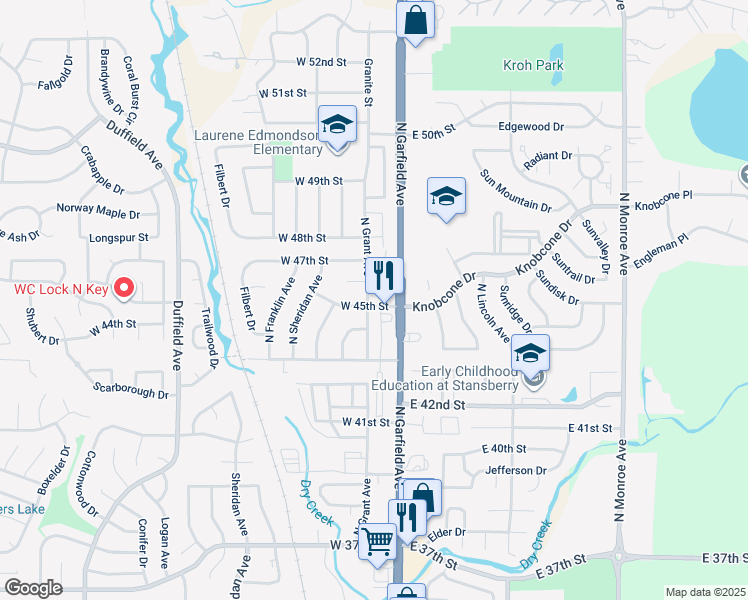 map of restaurants, bars, coffee shops, grocery stores, and more near 115 West 45th Street in Loveland