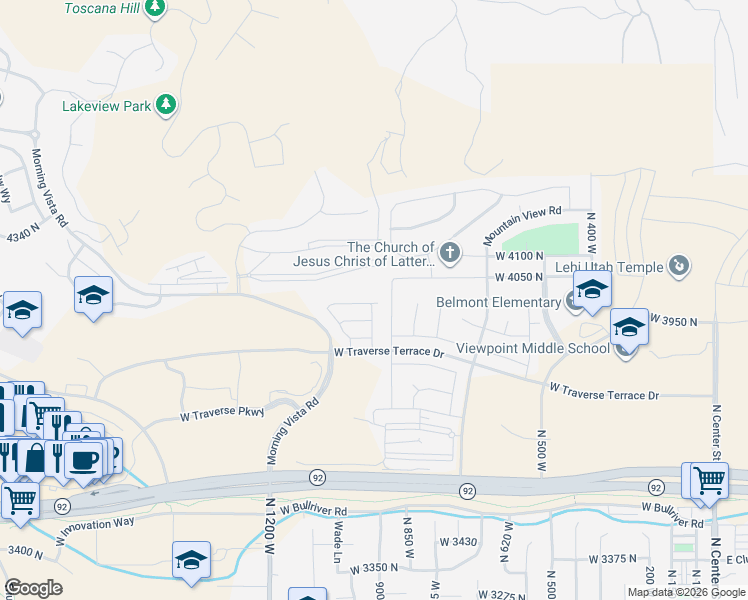 map of restaurants, bars, coffee shops, grocery stores, and more near 4019 North 900 West Street in Lehi