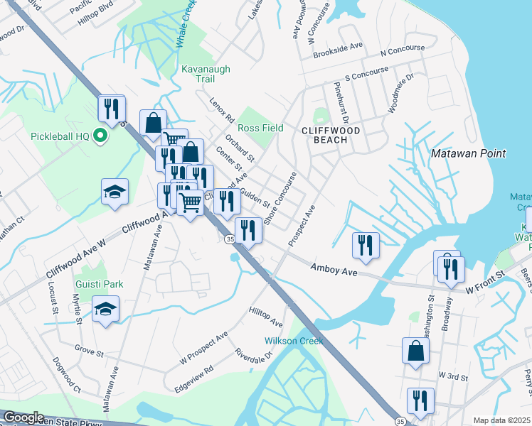 map of restaurants, bars, coffee shops, grocery stores, and more near 675 Shore Concourse in Keyport