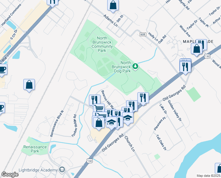 map of restaurants, bars, coffee shops, grocery stores, and more near 63 Springfield Road in North Brunswick Township