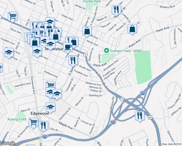 map of restaurants, bars, coffee shops, grocery stores, and more near 729 Ardmore Boulevard in Pittsburgh