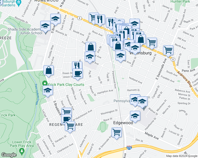 map of restaurants, bars, coffee shops, grocery stores, and more near 231 Hay Street in Pittsburgh
