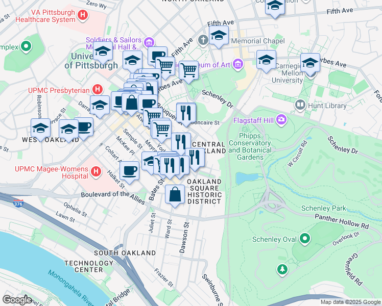 map of restaurants, bars, coffee shops, grocery stores, and more near 405 Oakland Avenue in Pittsburgh