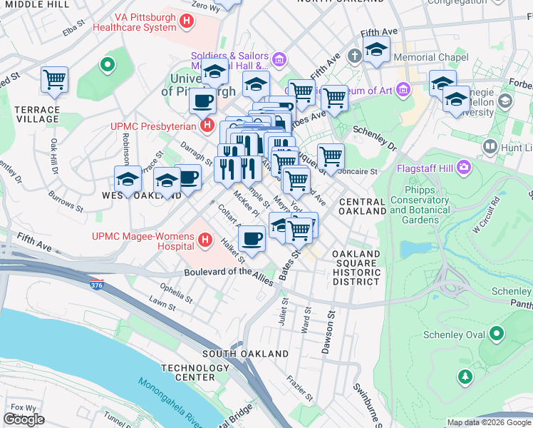 map of restaurants, bars, coffee shops, grocery stores, and more near 299 McKee Place in Pittsburgh