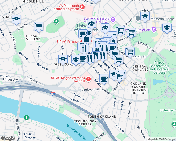 map of restaurants, bars, coffee shops, grocery stores, and more near 3422 Forbes Avenue in Pittsburgh