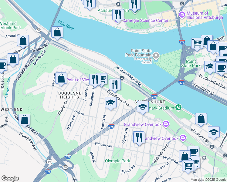 map of restaurants, bars, coffee shops, grocery stores, and more near 1230 Grandview Avenue in Pittsburgh