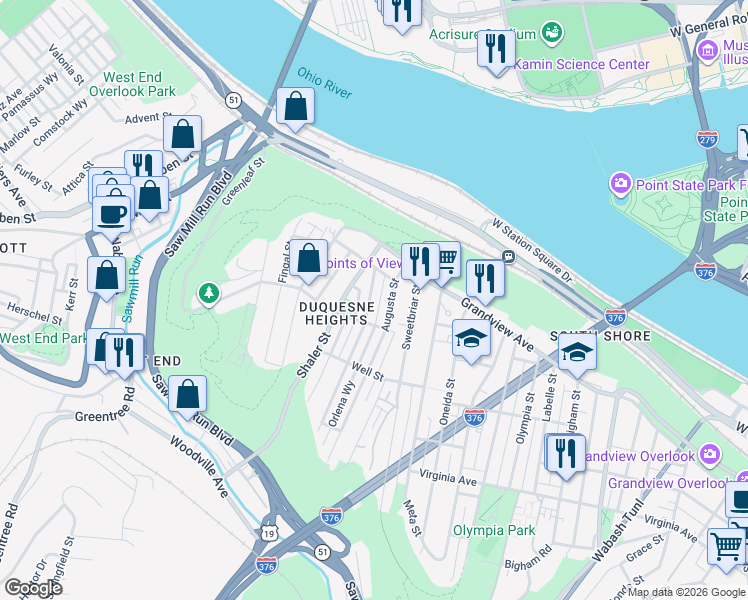 map of restaurants, bars, coffee shops, grocery stores, and more near 233 Edith Street in Pittsburgh