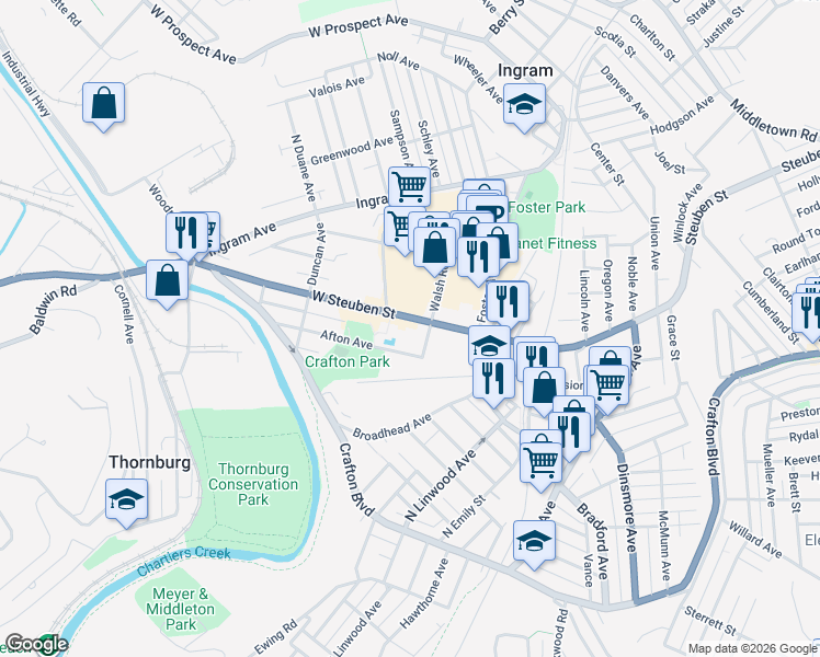 map of restaurants, bars, coffee shops, grocery stores, and more near 101 West Steuben Street in Pittsburgh