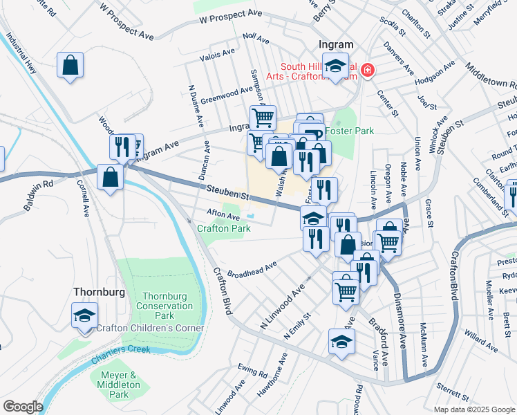 map of restaurants, bars, coffee shops, grocery stores, and more near 119 West Steuben Street in Pittsburgh