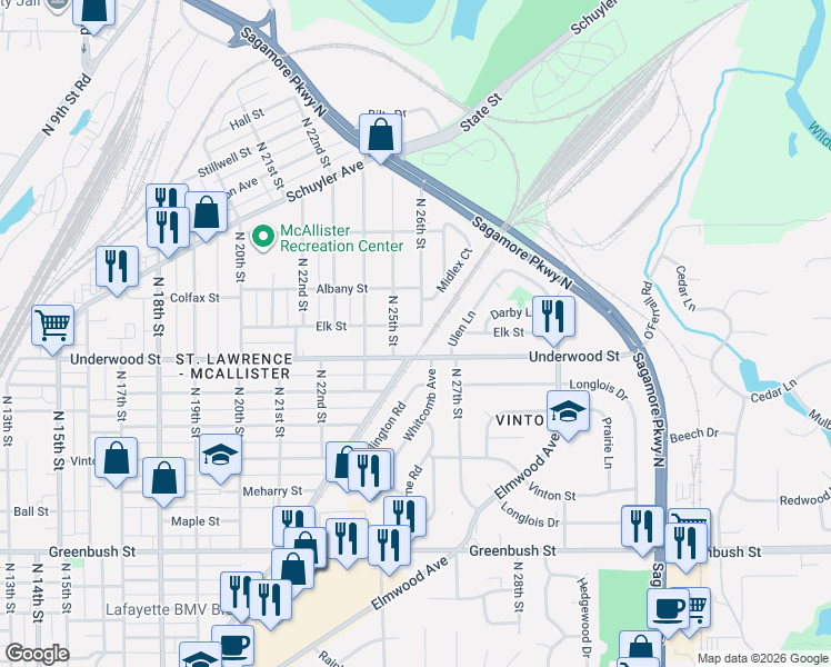 map of restaurants, bars, coffee shops, grocery stores, and more near 2507 Elk St in Lafayette
