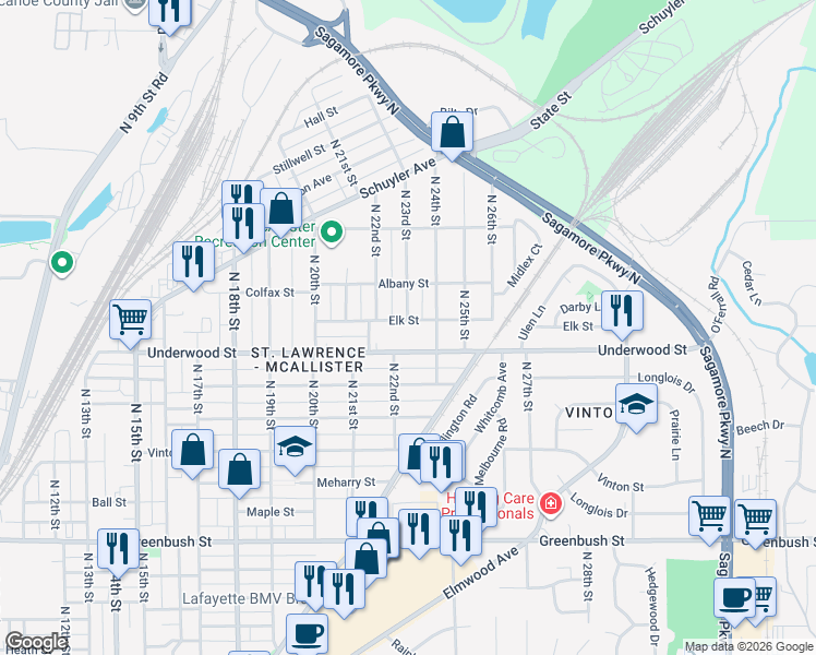 map of restaurants, bars, coffee shops, grocery stores, and more near 2217 Elk Street in Lafayette