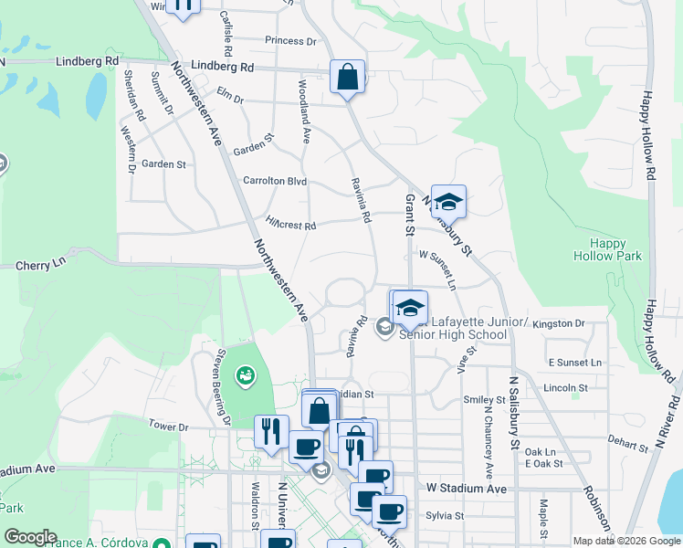 map of restaurants, bars, coffee shops, grocery stores, and more near 710 Northridge Drive in West Lafayette