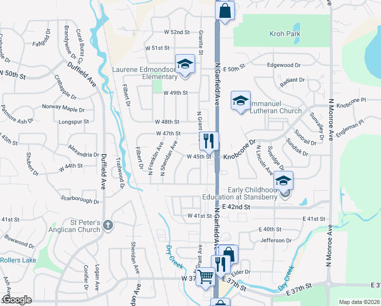 map of restaurants, bars, coffee shops, grocery stores, and more near 309 West 45th Street in Loveland