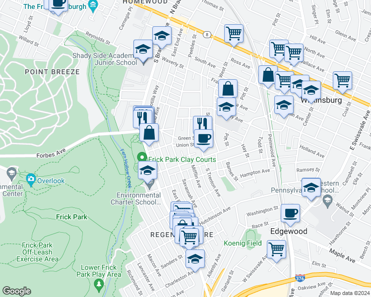 map of restaurants, bars, coffee shops, grocery stores, and more near 708 Mifflin Avenue in Pittsburgh