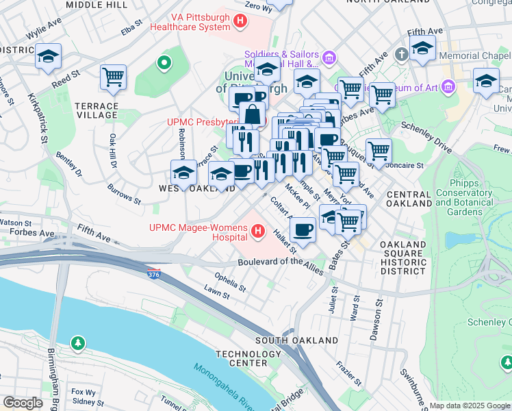map of restaurants, bars, coffee shops, grocery stores, and more near 3400 Forbes Avenue in Pittsburgh