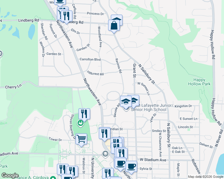 map of restaurants, bars, coffee shops, grocery stores, and more near 710 Northridge Drive in West Lafayette