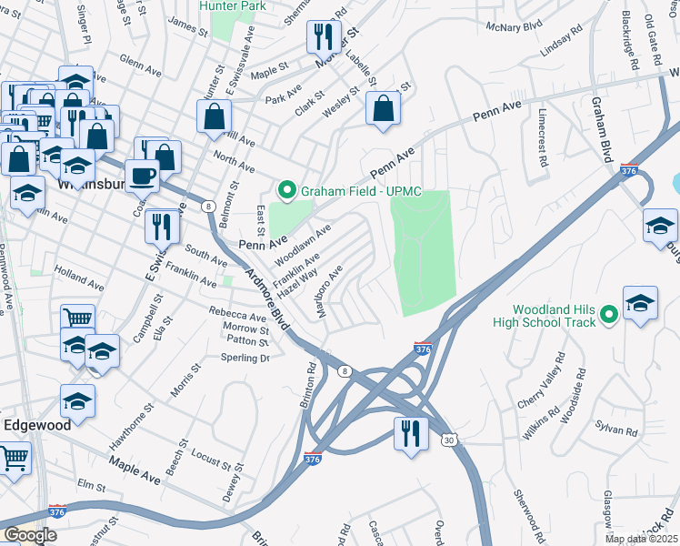 map of restaurants, bars, coffee shops, grocery stores, and more near 1500 Marlboro Avenue in Pittsburgh