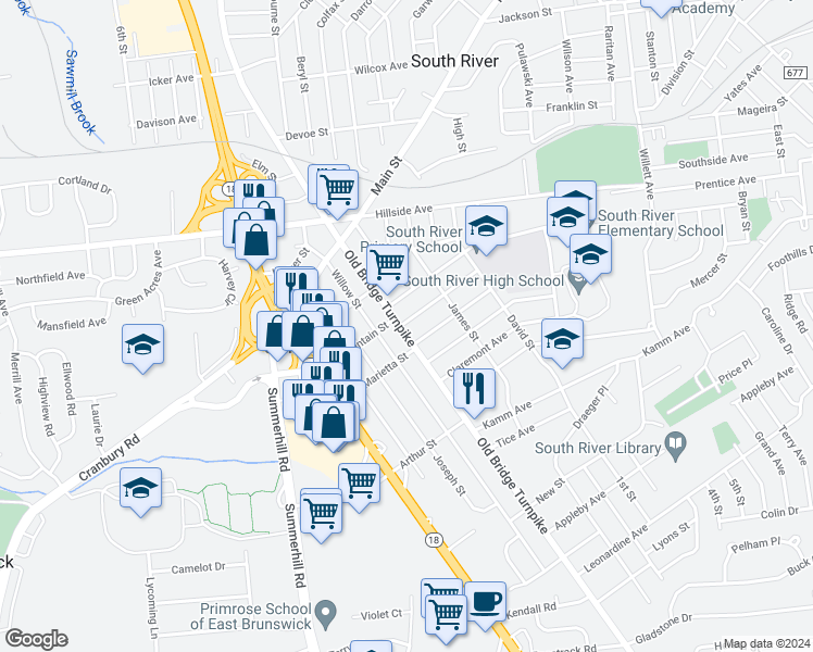 map of restaurants, bars, coffee shops, grocery stores, and more near 202 Old Bridge Turnpike in South River