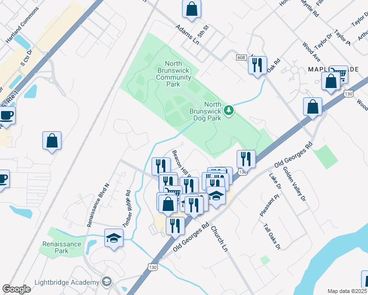 map of restaurants, bars, coffee shops, grocery stores, and more near 63 Springfield Road in North Brunswick Township