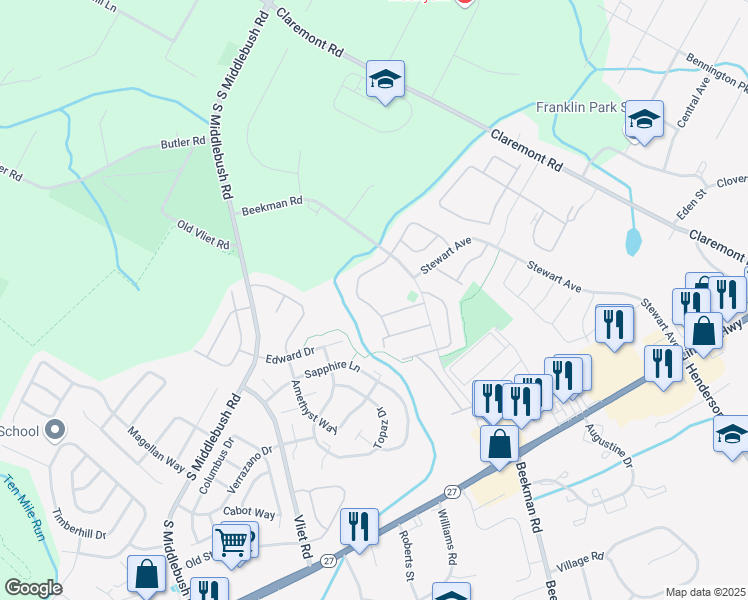 map of restaurants, bars, coffee shops, grocery stores, and more near 66 Lindsey Court in Franklin Township