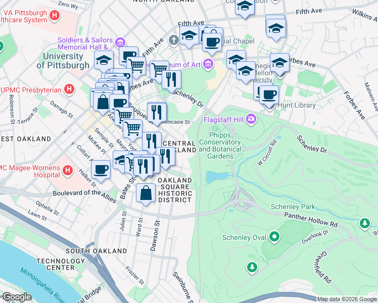 map of restaurants, bars, coffee shops, grocery stores, and more near 46 Boundary Street in Pittsburgh