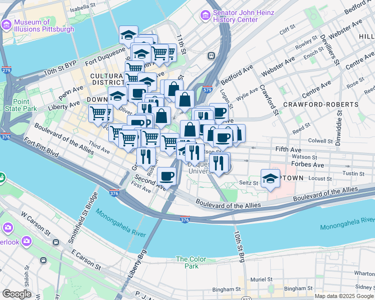 map of restaurants, bars, coffee shops, grocery stores, and more near 669 Diamond Street in Pittsburgh