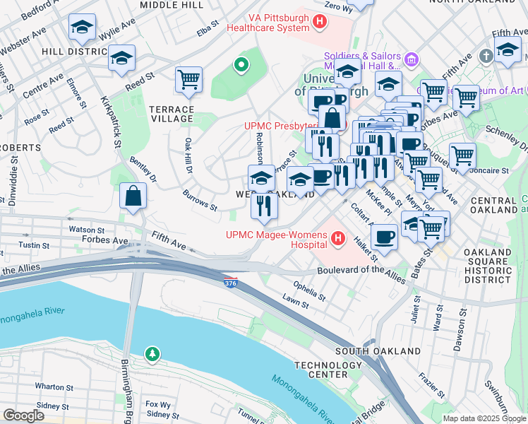 map of restaurants, bars, coffee shops, grocery stores, and more near 120 Robinson Street in Pittsburgh