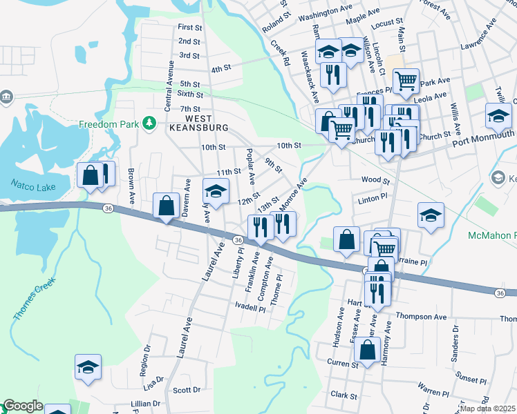 map of restaurants, bars, coffee shops, grocery stores, and more near 53 13th Street in Keansburg