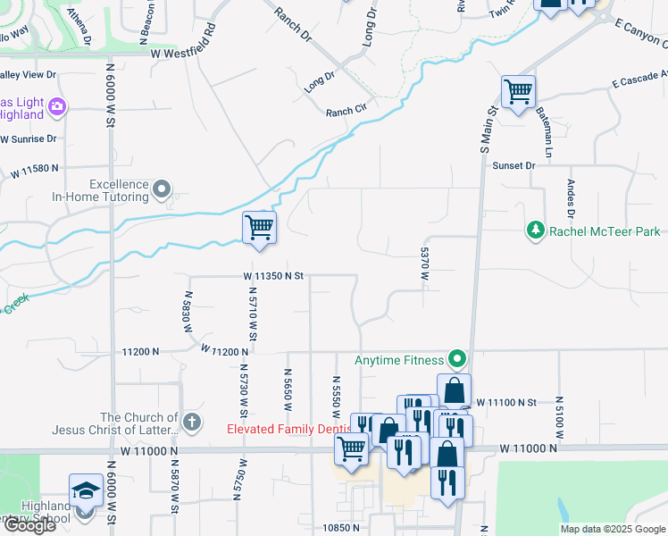 map of restaurants, bars, coffee shops, grocery stores, and more near 5548 West 11350 North Street in Highland