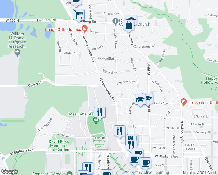 map of restaurants, bars, coffee shops, grocery stores, and more near 1301 Woodland Avenue in West Lafayette