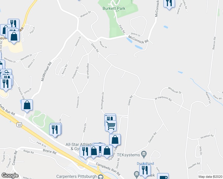 map of restaurants, bars, coffee shops, grocery stores, and more near 5565 Glass Road in Pittsburgh