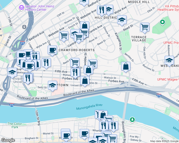 map of restaurants, bars, coffee shops, grocery stores, and more near 1821 Fifth Avenue in Pittsburgh